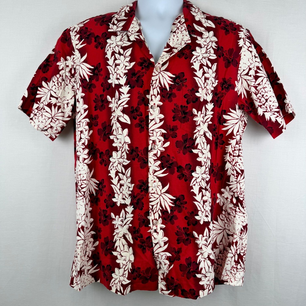 Made in Hawaii Mens XL Red Floral Pineapple Hibiscus Cotton Aloha Camp Shirt